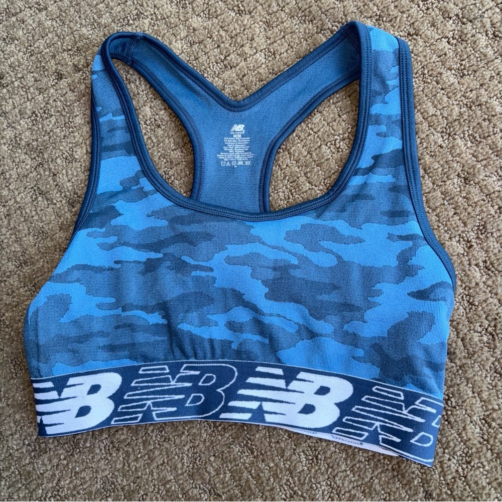 New Balance Blue Camo Racerback sports bar seamless support medium no pads